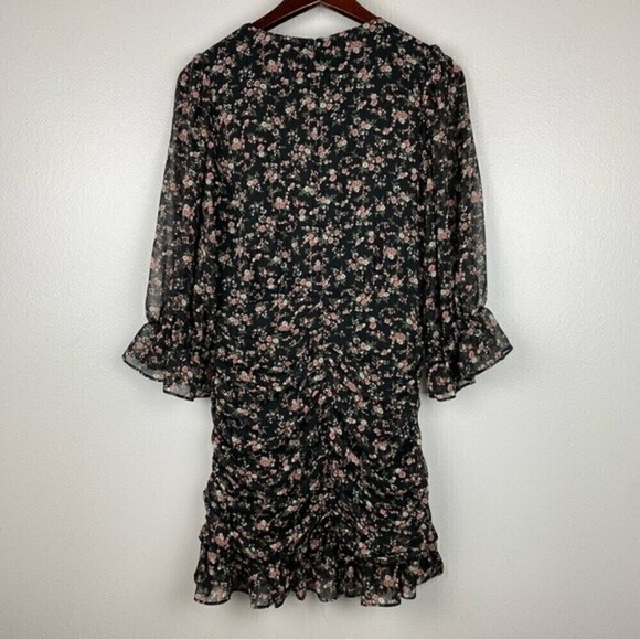 Lulu's Estella Chiffon Black Floral Print Ruched Ruffled Hem Mini Dress Size S - Picture 6 of 10
